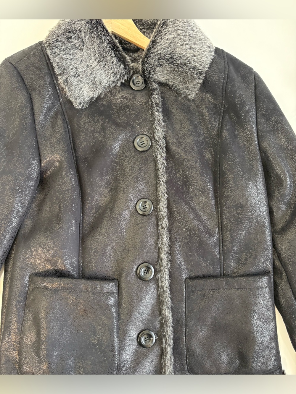 Scull Faux Shearling Jacket Women’s XL Charcoal Gray Fur Trim Coat - Picture 3 of 7